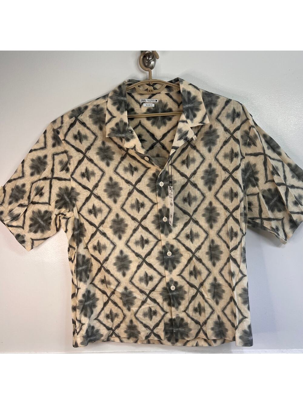 Zara Linen Blend Relaxed Fit Camp Shirt XL Neutral Geometric Resort